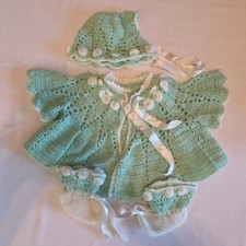 Vintage Style Handmade Crochet Baby Set - Mint Green Cardigan, Bonnet  Booties