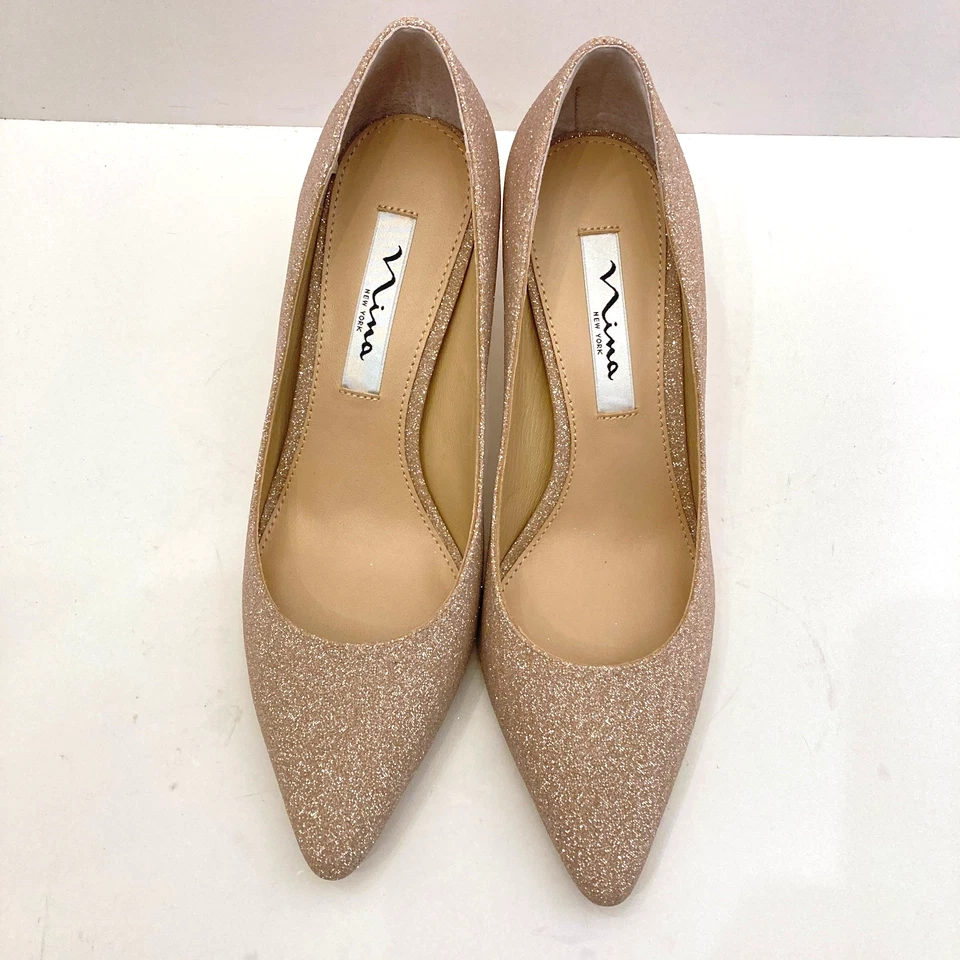 NUEVO Zapatos de salón Nina Glitter para mujer 7,5 EU 37,5 oro champán 2,5" tacón punta puntiaguda Foto 3 de 4