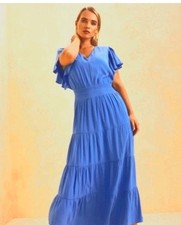 CHICOS Flowing Maxi, Midi Dress FLUTTER SLEEVES FOUR TIERED, LINED DRESSY BLUE