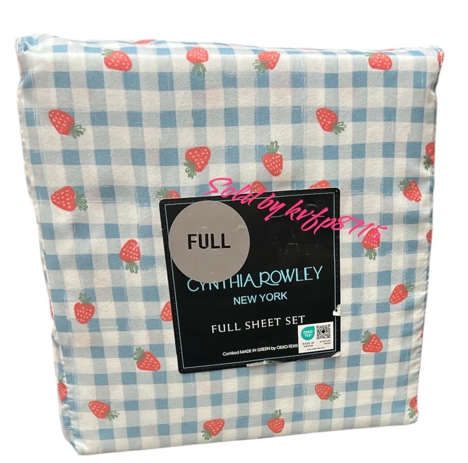 Juego de sábanas completas de 4 piezas con patrón de cuadros azules fresas de San Valentín nuevas con etiquetas suaves Foto 3 de 3