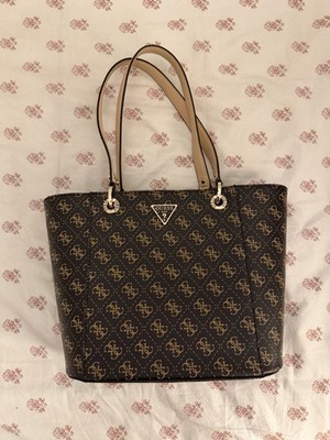 GUESS Brown Monogram Zip-Top Tote Bag Gold Hardware Beige Lining Inner Pockets