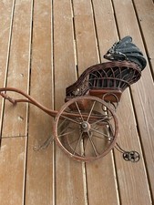 Antique Victoria Carriage Buggy Stroller Baby Doll Wicker Wood  Canvas