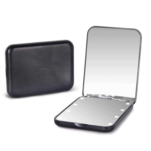 LED Compact Travel Pocket Makeup Mirror with Light 1X/3X Magnification Black