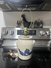 Vintage Mahon Pottery Salt Glaze Stoneware Table Lamp With Cobalt Blue Flower