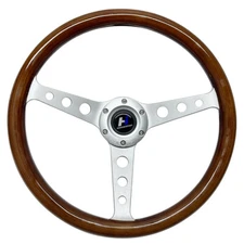 350mm Classic Wood Grain Steering Wheel Silver Brushed 3 Spoke 1.5" Depth