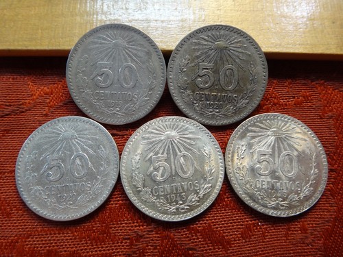 Lot of 5 Mexico Fifty 50 Centavos .720 Silver Coins KM #447 - Free S&H USA