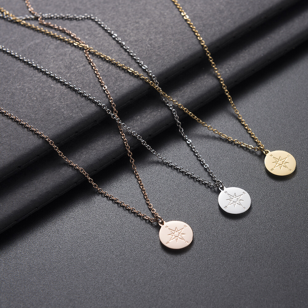 DAMEN KETTE KOMPASS SILBER ROSE GOLD HALSKETTE RUNDE ANHÄNGER EDELSTAHL SCHMUCK