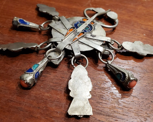 Vintage Brosche Silber Fibel Berber Marokko Koralle Türkis dunkelblau orange Emaille - Bild 9 von 10
