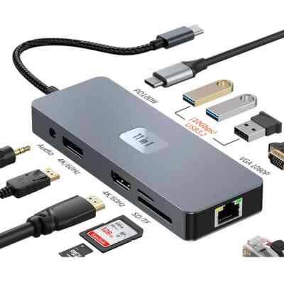 USB-Adapter, USB Typ C Hub Adapter 11 in 1 mit HDMI 4K,3.5mm Audio Ausgang TF