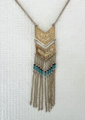 Turquoise & Gold-toned Chevron Statement Necklace Very Long, Fringed Adjustable - Picture 5 of 5