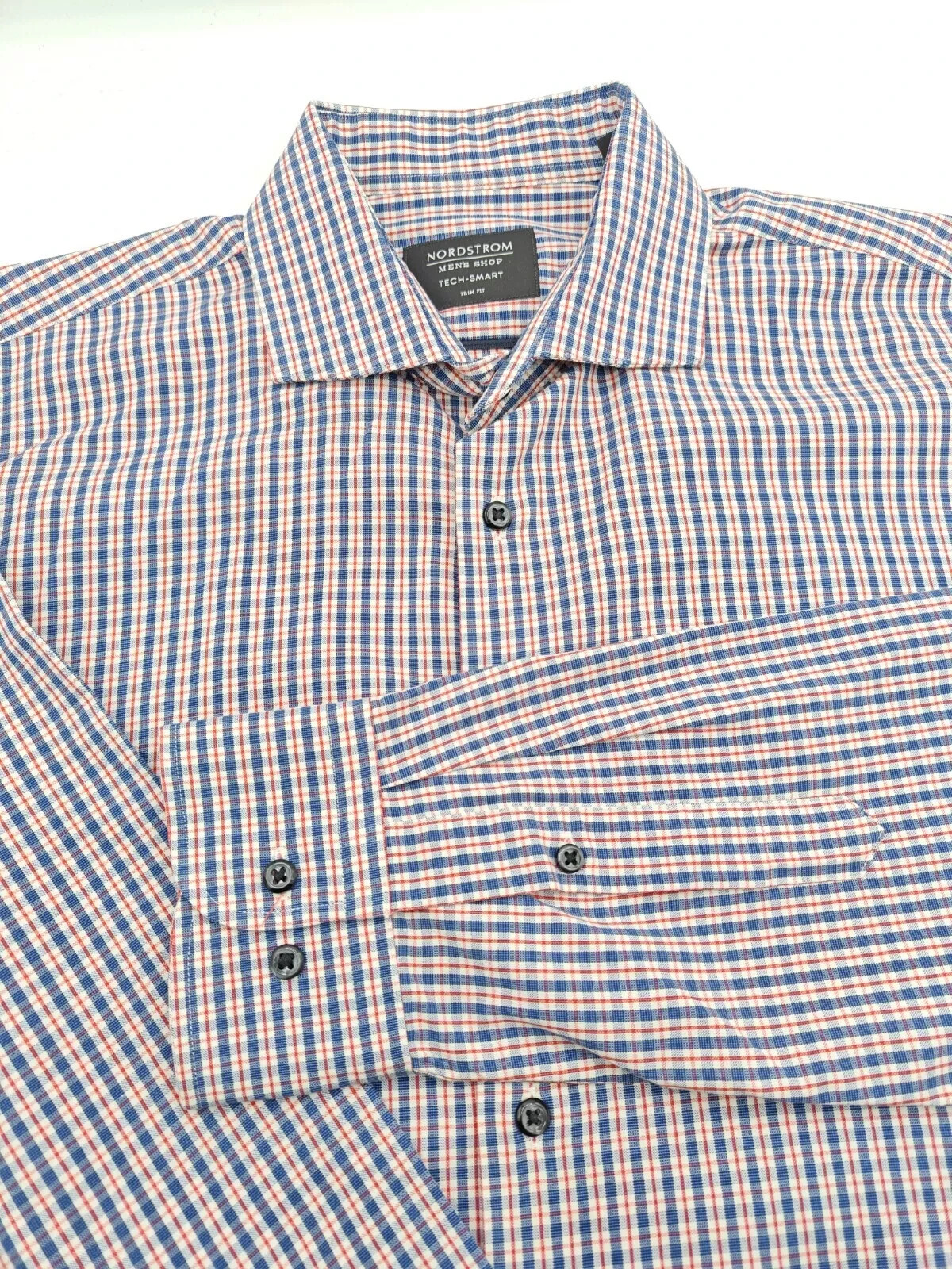 🇺🇲 Nordstrom Men's Shop 15x33 Tech Smart Trim Fit Shirt Blue Red Check