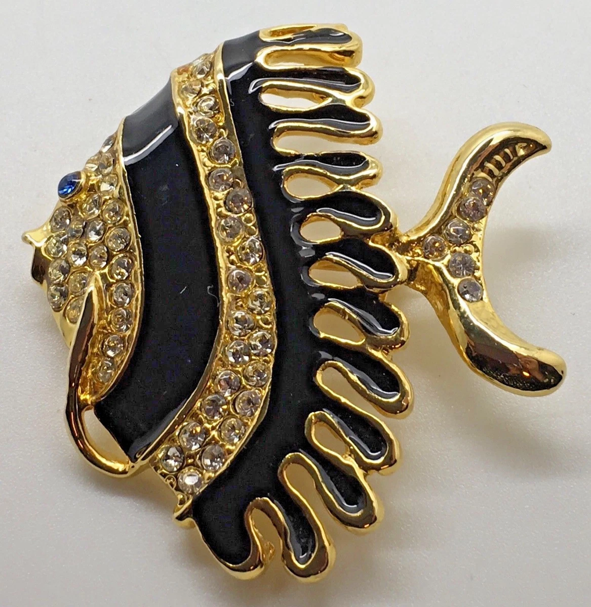Parklane Angel Fish Brooch Pin Gold Tone Black Enamel Clear Austrian Crystals