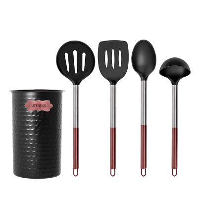 Black Copper Kitchen Utensil Holder Set 5 pcs Cooking Utensil Hammered Caddy Set