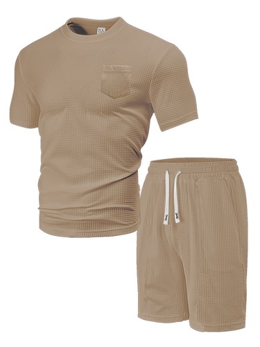 Nuevo Conjunto de trajes informales deportivos de verano para hombre sueltos finos gofre manga corta + pantalones cortos - Imagen 28 de 31