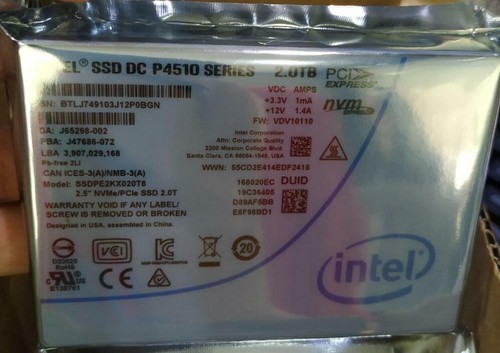 2TB Intel SSD P4510 Series DC NVME U.2 2.5" SSDPE2KX020T8 Solid State Drive - Picture 2 of 3