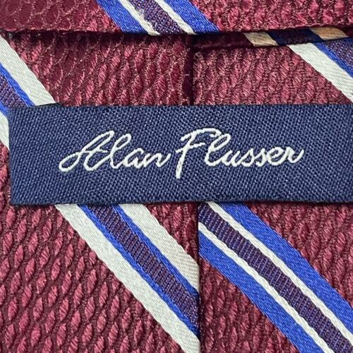 Alan Flusser Men's Necktie Maroon Blue White Striped - Picture 2 of 4