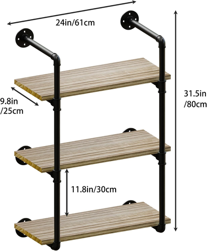 24 Inch 3 Tier Industrial Pipe Shelf Solid Wood Plank Floating Book Shelves - Picture 2 of 12