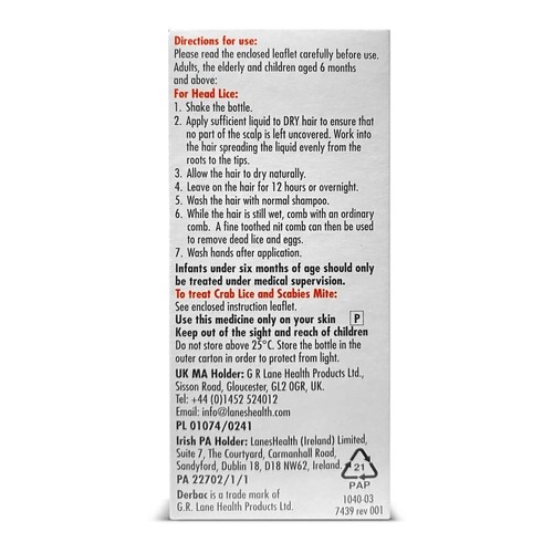 Derbac M Liquid - Treatment of Head Lice, Pubic Lice, and Scabies Mite - 150ml - Picture 2 of 6