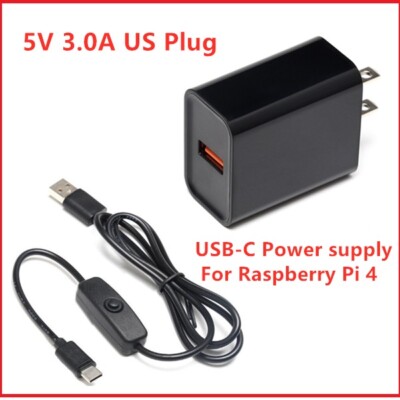 Raspberry Pi 4 Power Supply Adapter ON/OFF Switch USB-C 5V 3.0A US Plug ...