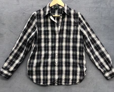 LRL Lauren Ralph Lauren Plaid Top M Blue Roll Tab Sleeve 100% Cotton