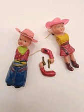 Vtg CELLULOID Pair Cowboy Cowgirl Western Dolls Antique 1920s Z301