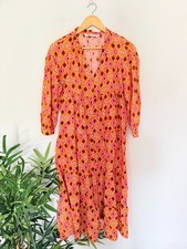 Zara Dress Womens M Orange Pink Floral Midi Tiered Button V Neck 3/4 Sleeve