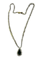 Vintage silver tone choker collar necklace clear rhinestones green teardrop