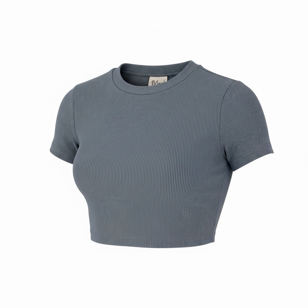 Mood Women’s XL Blue Gray Ribbed Fitted Crop Top Short Sleeve Casual Baby Tee