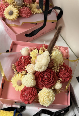 Artificial Rose & Daisy Flower Box Arrangement Centerpiece, Red Cream Yellow