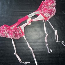 NWT Victoria's Secret XS/S GARTER Belt HOT PINK silver Embroidery Lace mesh