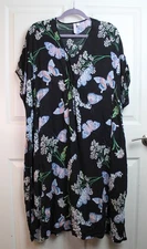 Women's Joyspun Black Butterfly Floral Print Caftan Nightshirt Dress Mumu Size M