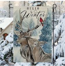 Hello Winter Garden Flag, 12x18in, Double-Sided, Deer Red Bird, 12x18in, Burlap