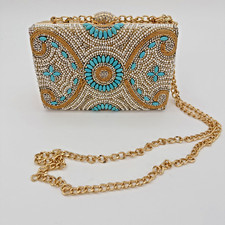 Turquoise Beaded Evening Purse Clutch Gold Pearl Rhinestone Square Bag W/ Chain
