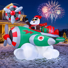 7FT Animated Christmas Inflatable Santa Claus on Airplane, Giant Christmas Blow