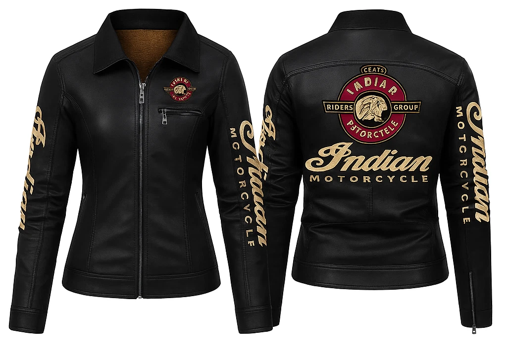 Riders Group Women’s Leather Jacket – Black Motorcycle Bomber with Indian biker