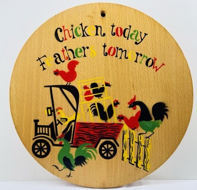 Vintage 1960 s Hand Painted Wooden NEVCO Cutting Board Chicken And Feathers 9 