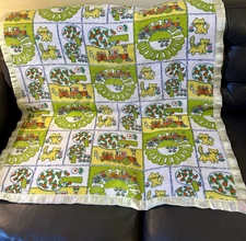 Vintage Receiving Blanket Cats Apple Trees Trains 23"x38' baby blanket