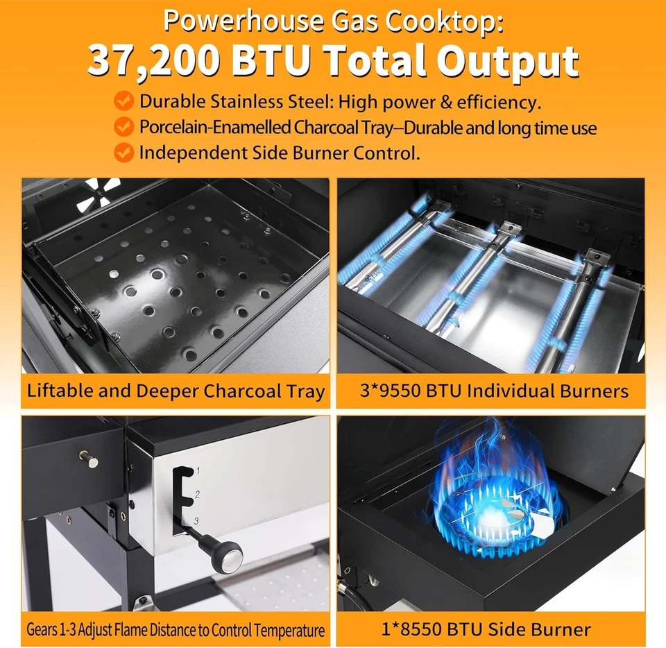 Parrilla combinada de gas y carbón de 3+1 quemadores para exteriores, 672 cuadrados In. 39000 BTU Foto 4 de 4