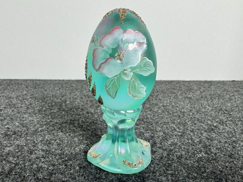 Fenton Iridescent Aqua Art Glass Egg on Pedestal Signed Hand Painted Floral