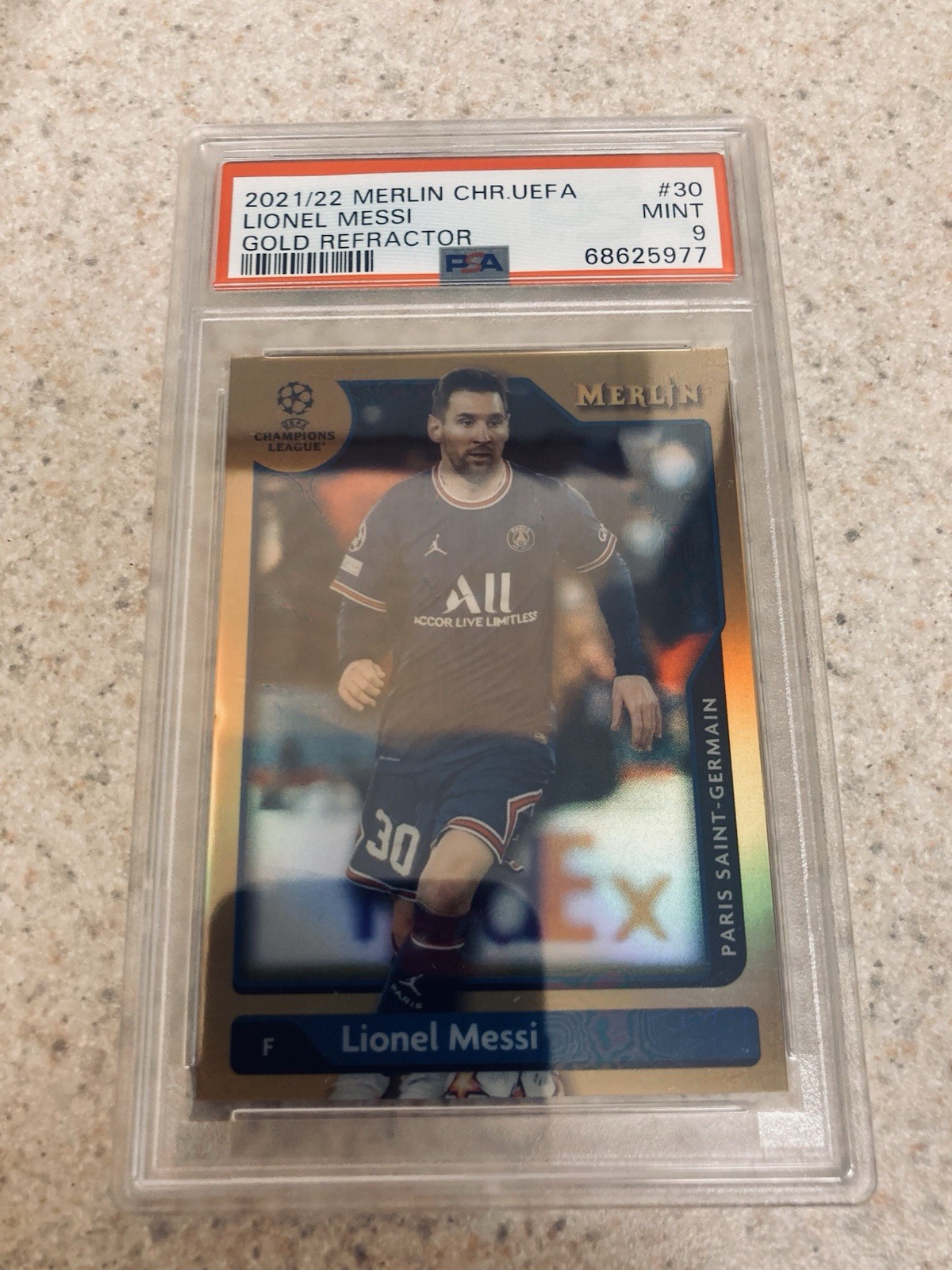 Lionel Messi 2021 Topps Merlin UEFA #30 True Gold Refractor#/50 PSA 9 Argentina view 7