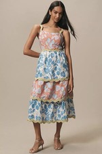 FARM Rio x Anthropologie Linen Blend Tiered Ric Rac Midi Dress Sz XL Back Bow