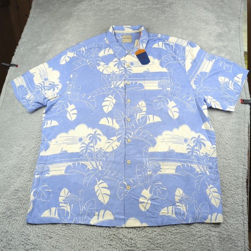 Tommy Bahama Shirt Men Tall 3XT 3XLT Blue 100 Silk Camp Loop Collar Beach Comber