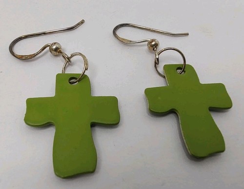 Natural Life Wood & Metal Beaded Cross Dangle French Hook Earrings 1.5" BOHO VTG - Picture 7 of 10