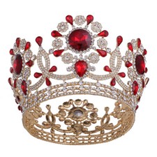 Large Crystal Gold King Queen Round Crown Wedding Prom Queen Princess 6 Colors