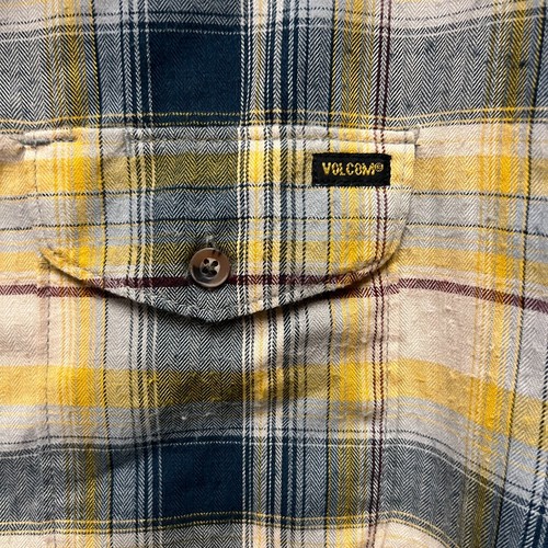 Camisa de franela Volcom Workwear para hombre grande azul amarillo a cuadros espiga a presión - Imagen 2 de 7