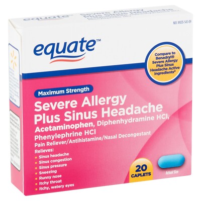 Equate Severe Allergy Plus Sinus Headache Caplets Relief From Sneezing 20 Count