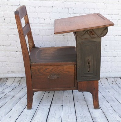 Vintage School Desk Adjustable W Drawer Oak Metal Ny Langslow Fowler Moulthrop Vintage School Desk Adjustable W, Antique Oak Desk Value