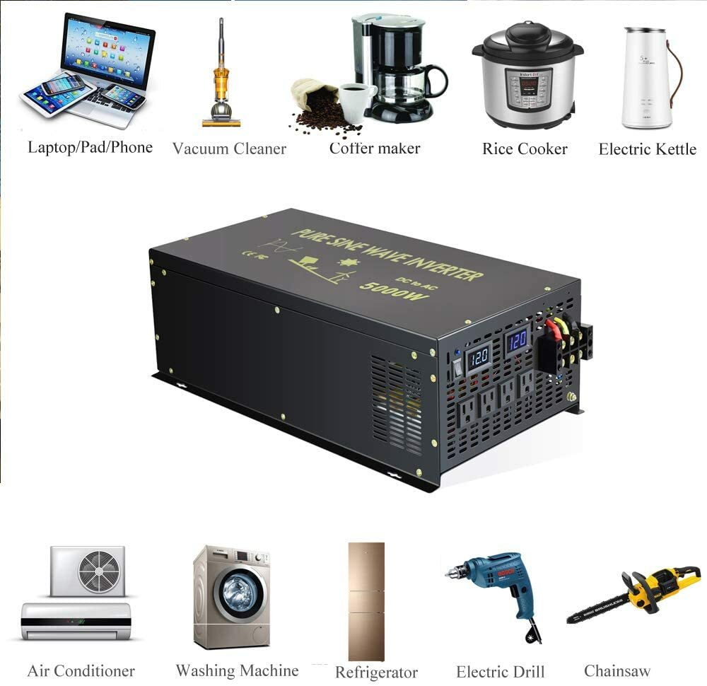 5000W Pure Sine Wave Inverter 12VDC to 120VAC Full Power Inverter Camp Solar CAR