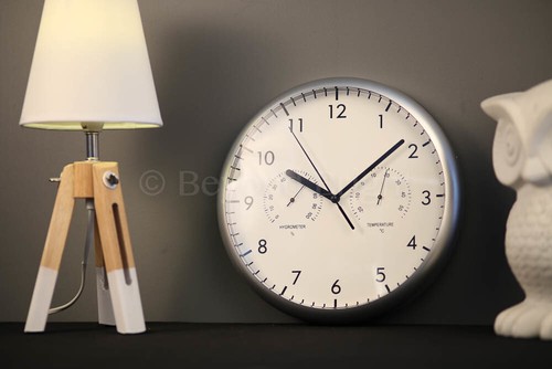 New Wall Clock Tfa Germany Thermometer Hygrometer 26.5Cm Silver White - Picture 2 of 4