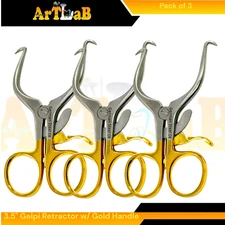 Set of 3 Spreader Gelpi Retractors 8.89cm, Sharp Tips, w/ Ratcheting Gold Handle